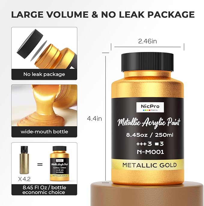 Nicpro Metallic Gold Acrylic Paint, 8.45oz/250ml Large Gold Leaf Paint | Non Toxic, Non Fading Craft Paints for Metal, Wood, Clay, Fabric, Canvas, Furniture, Handcrafts, Art Supplies