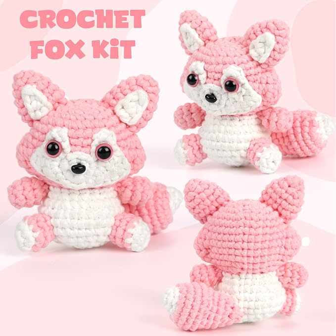 CrochetBox Crochet Kit for Beginner, Fox Easy Learn How to Crochet Stuffed Animals Gift for Adults and Teen(), Knitting Set with Yarn Hook Stitch-by-Stitch Video Tutorial(30%+ Yarn)