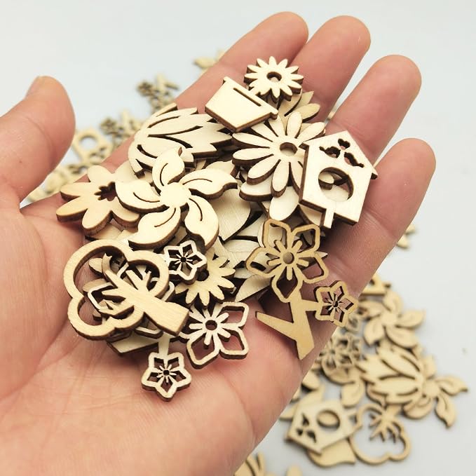 DIYOMR 200Pcs Unfinished Wood Pieces Hollow Wooden Art Decor, Vintage Embellishments Decorative Accessories for Scrapbooking Crafts DIY Home Decor (Plant & Flowers)