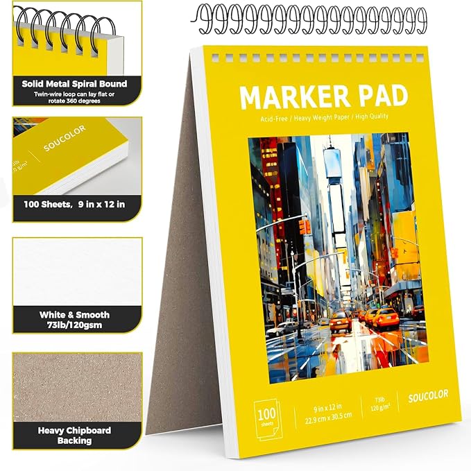 Soucolor Marker Paper Sketchbook,Bleedproof Maker Paper 9"x12" | Professional Bleedproof Marker Pad for Alcohol Markers 100 Sheets 73lb/120gsm Thick No-Penetration Drawing Paper