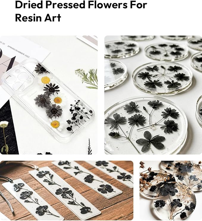 Dried Flowers, Resiners 100Pcs Pressed Flowers for Craft Black Real Natural Dried Flowers Dry Leaves Kit for DIY Making Crafts Resin Soap Candle Scrapbook Supplies Card Making Jewelry
