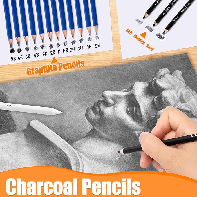Drawdart Art Supplies Drawing Pencils Set - 76 Pack Pro Sketching Kit with Sketchbook & Watercolor Pad, Includes Graphite, Charcoal, Watercolor & Metallic Pencils for Kids, Teens, Adults