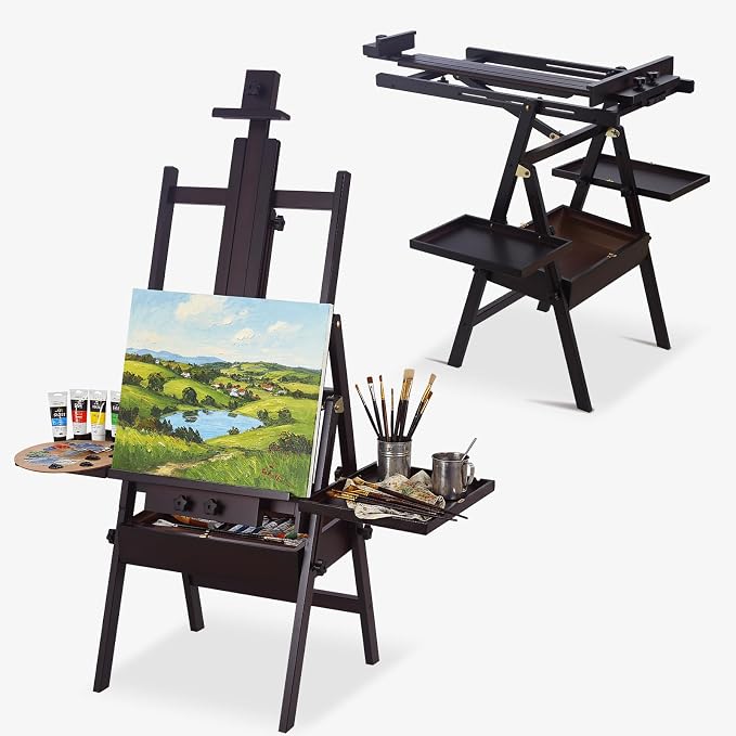 Beech Wood H-Frame Easel for Painting with Tray & Drawer, Walnut