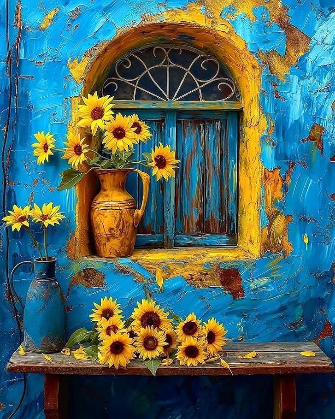 Paint by Numbers Kit for Adults, Window Sunflower Painting, 16 x 20 Inch | DIY Adult Paint by Number Kit on Canvas for Beginners, without Frame, Rustic Wall Decor, Stress Relief Craft Gift