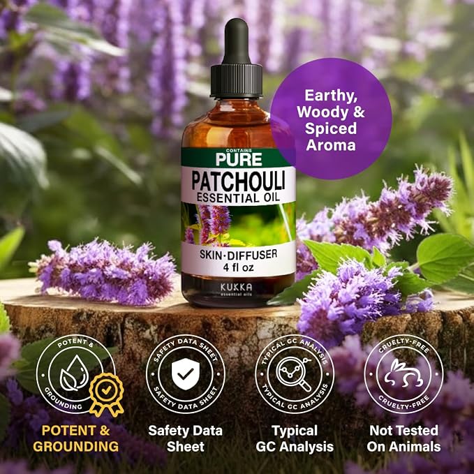 100% Pure Patchouli Oil - 4 Fl Oz Patchouli Essential Oil for Hair, Skin, Diffuser, Aromatherapy & DIY Soap Making Scent (Pack of 2)