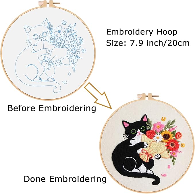 Nuberlic Embroidery Kits for Beginners with Cat and Flower Pattern | Cross Stitch Starter Craft Kits for Adults Including Cloth with Pattern, Hoop, Needles Instruction and Threads