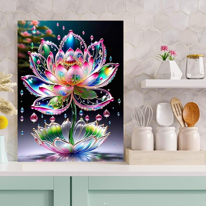 Meothan Diamond Art Kits for Adults Lotus Diamond Painting Kit 12x16in | 5D Lotus Diamond Art Painting Kit for Adult, DIY Full Round Drill Flowers Gem Art Diamond Dots Kits for Home Wall Decor Gift
