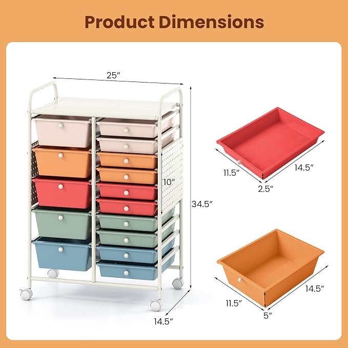 Giantex 15 Drawer Storage Cart, Rolling Craft Cart with Metal Tabletop & Pegboard, Mobile Utility Organizer Trolley with Locking Wheels, Home Office, Classroom, Teacher Supplies, Macaron Multicolor