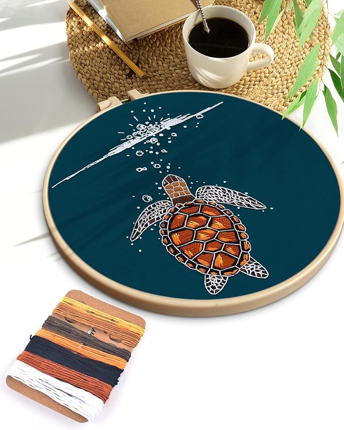 TINDTOP Embroidery Kit for Beginners Adult, Turtle Embroidery Practice Kit | Include Embroidery Cloth Hoops Threads for Craft Lover Hand Stitch with Embroidery Skill Techniques