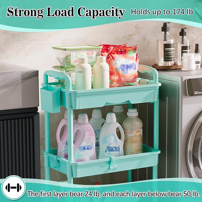 SUNALLY 3 Tier Rolling Cart with Drawer, Craft Storage Cart Organizer, Blue