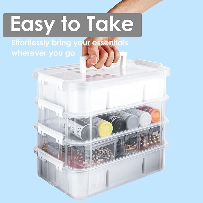 CraftGenes Craft Organizer, 4 Tier Storage Box with Removable Trays, White | 4 Storage Tiers; 2 Removable Trays; Side Latches; Stackable Design; For Beads, Thread, Tools, Crafts and Accessories