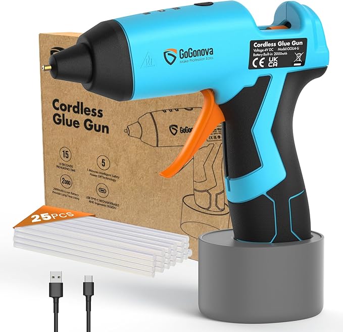 GoGonova Cordless Hot Glue Gun Kit, 2Ah Battery, Includes 25 Glue Sticks