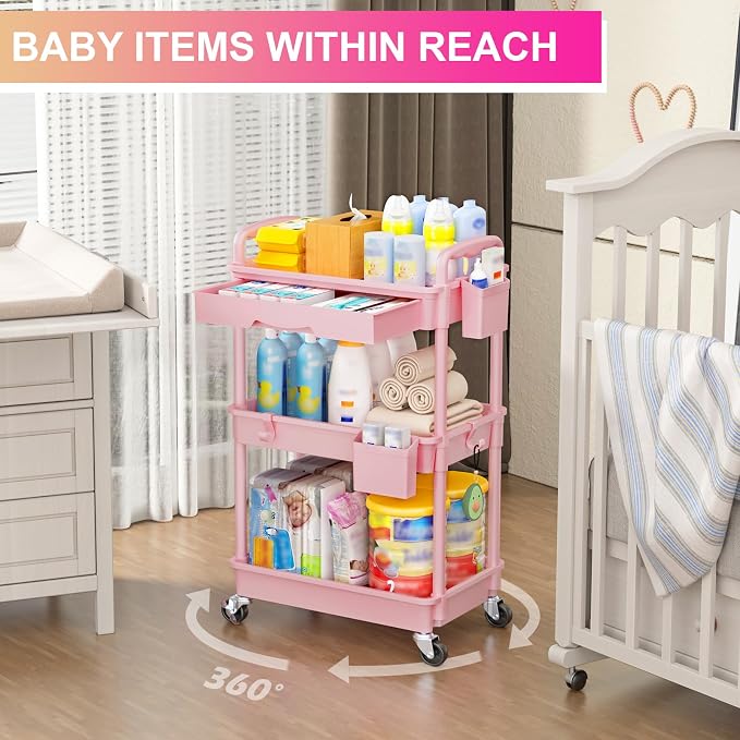 Goovilla 3 Tier Rolling Utility Cart Organizer with Removable Drawer, Pink | Stable and Sturdy Rolling Storage Carts with 2 Lockable Wheels for Bathroom, Kitchen, Snack, Craft, Makeup, Baby Essentials