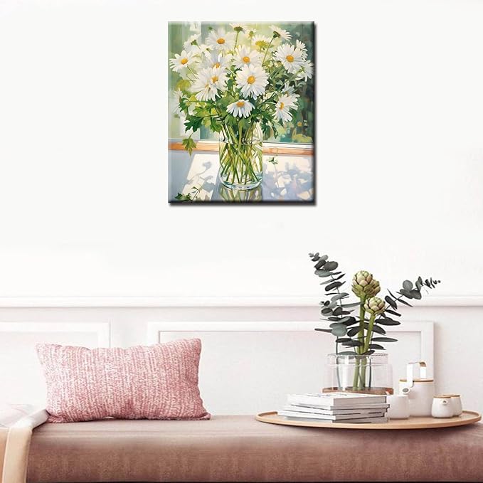 Tucocoo White Daisy DIY Paint by Numbers for Adults White Flowers with Green Leaves in Vase DIY Oil Painting Kits Canvas with Acrylic Paint Floral Plant Art 16x20 Inch （DIY Frame ）