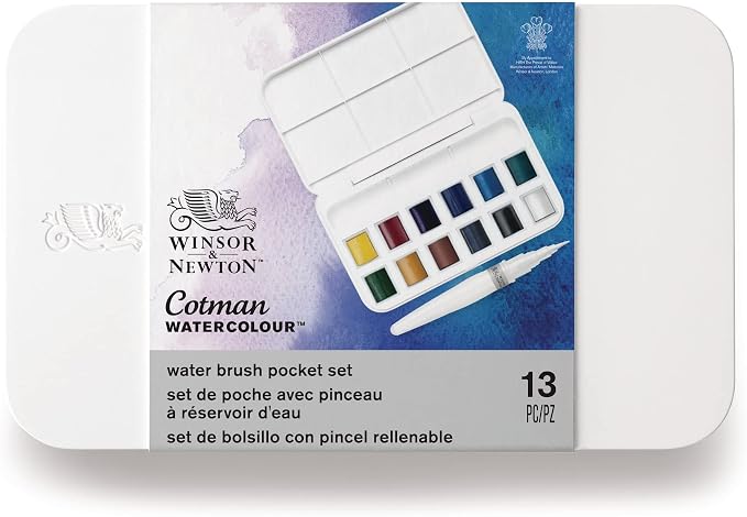 Winsor & Newton Cotman Watercolor Paint Set, 12 HP Water Brush Pocket Set | Introductory Watercolor made with Fine Art Pigments, Perfect for Beginners, Lightfast & Permanent, Good Tinting Strength