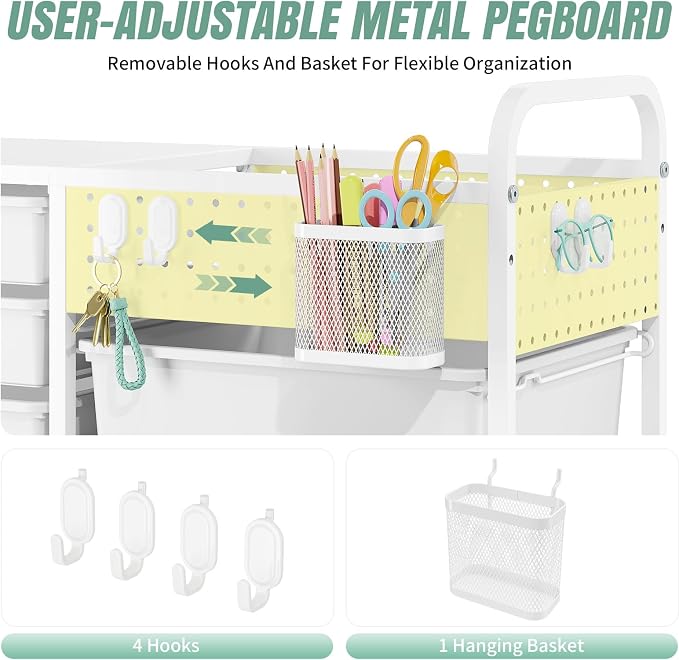 14 Drawer Rolling Storage Cart with Tabletop and Pegboard for Crafts Green | Easy Setup, Large Capacity, Sturdy Build, Smooth Mobility, For classroom, office and dorm supplies
