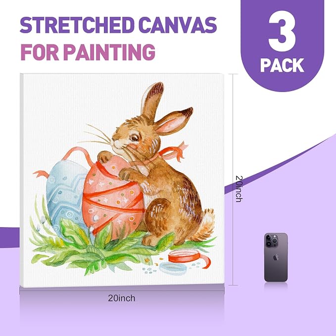 ESRICH 20x20 Stretched Canvas for Painting, 3 Pack Square Canvas for Painting Primed Acid-Free Framed Blank Canvas, Art Canvases for Beginners & Artists to Paint Oil, Acrylic, Pouring Painting.