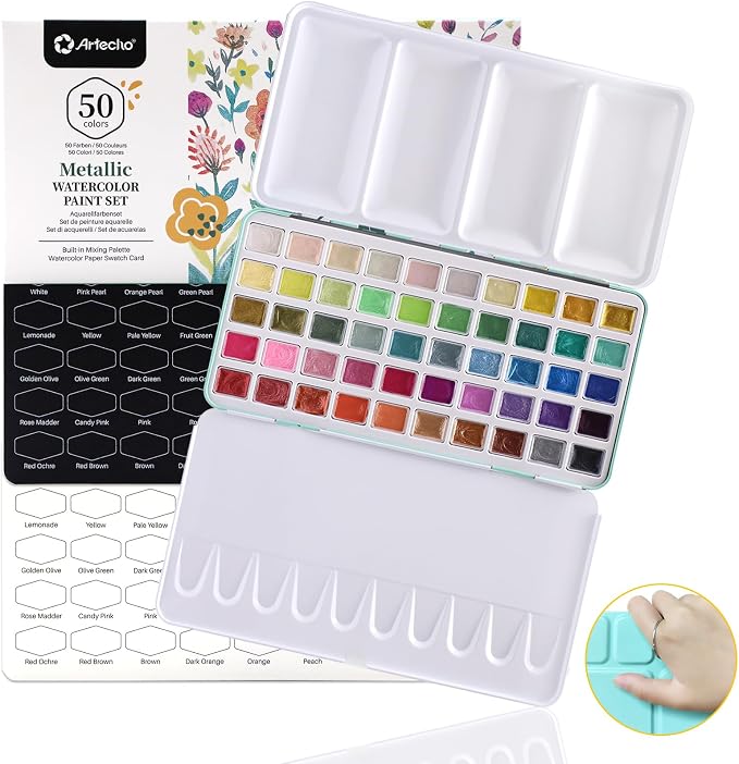 Artecho 50-Color Metallic Watercolor Paint Set with Easy-Hold Ring | 50 Metallic Colors with a Shimmer Finish; Includes Black and White Color Charts; Suitable for Dark and Light Paper