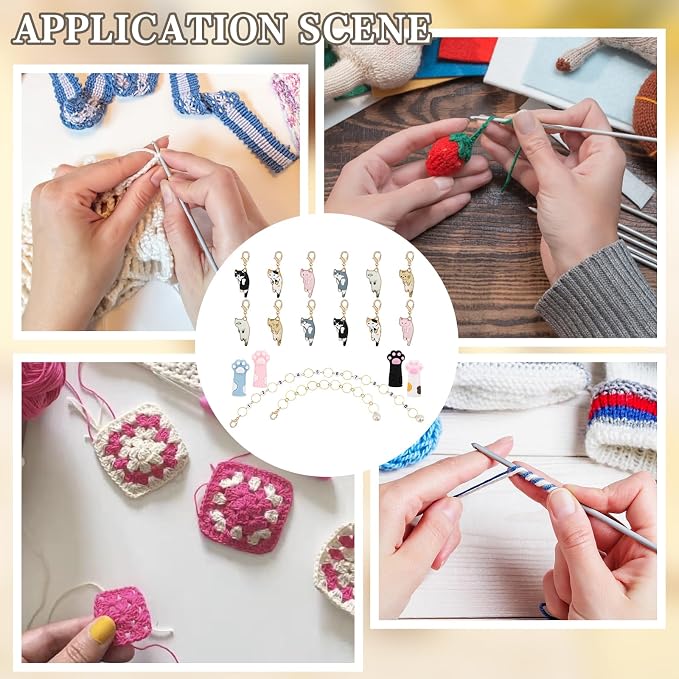 COGCHARGER DIY Knitting Tool Sets 18Pcs Including Cat Alloy Enamel Crochet Stitch Markers Knitting Row Counter Chains Silicone Knitting Needle Stoppers for Knitting Project