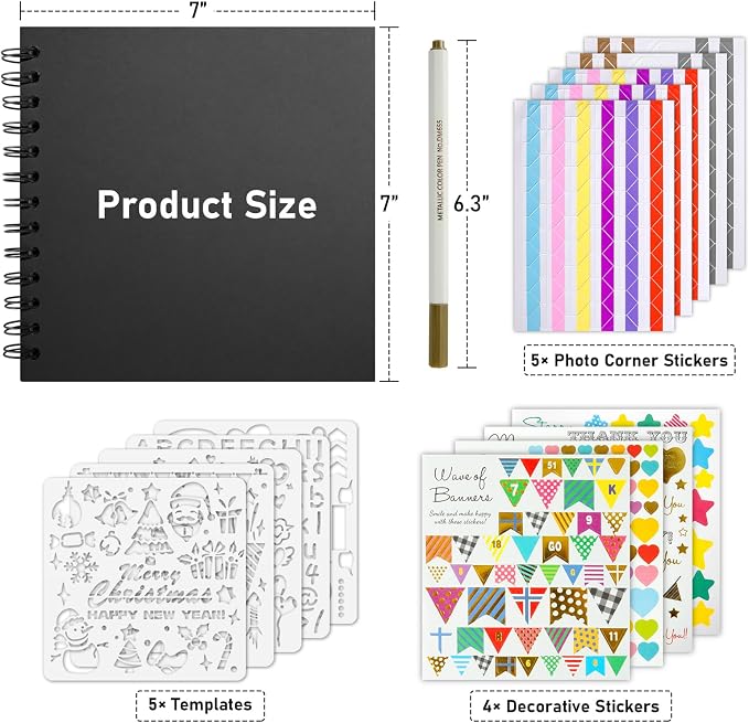 GOTIDEAL 7 x 7 Inch Scrapbook Album with Metallic Markers, Black, 40 Pages | Kraft Paper Photo Albums for Wedding & Anniversary, Family DIY Scrap Books with Scrapbooking Stickers Corners
