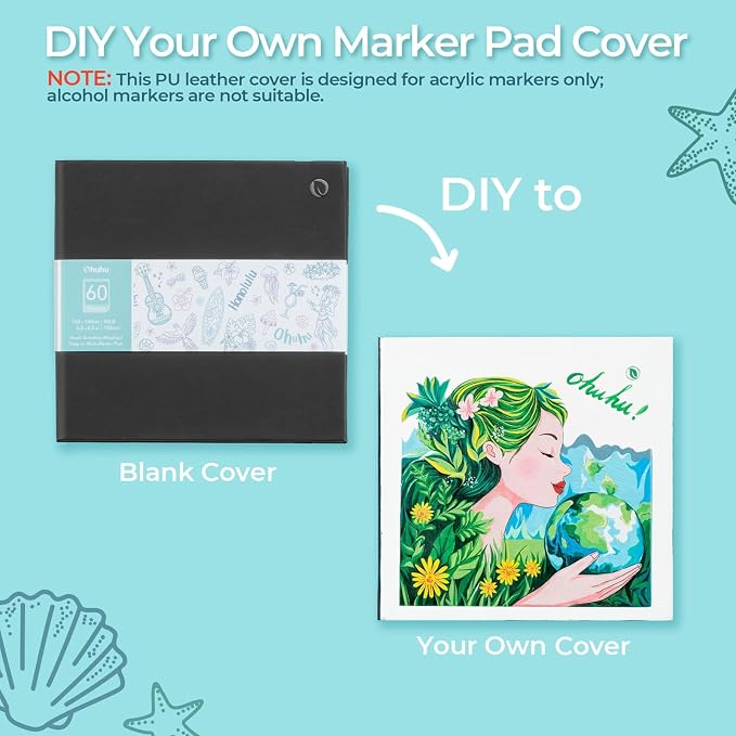 Ohuhu 6.3"x6.3" Double-Sided Bleedproof Marker Pad Art Sketchbook 60 Sheets | Small Square Sketch Book - 90 LB/150 GSM Smooth Drawing Paper - 60 Sheets/120 Pages -Hardcover Sketch Pad for Alcohol Markers