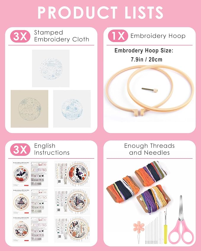 TINDTOP Halloween Embroidery Kit for Adult, 3 Pack Embroidery DIY Starter Kit, with Stamped Patterns, Hoop, Tools, Colorful Threads with Needles, Instructions
