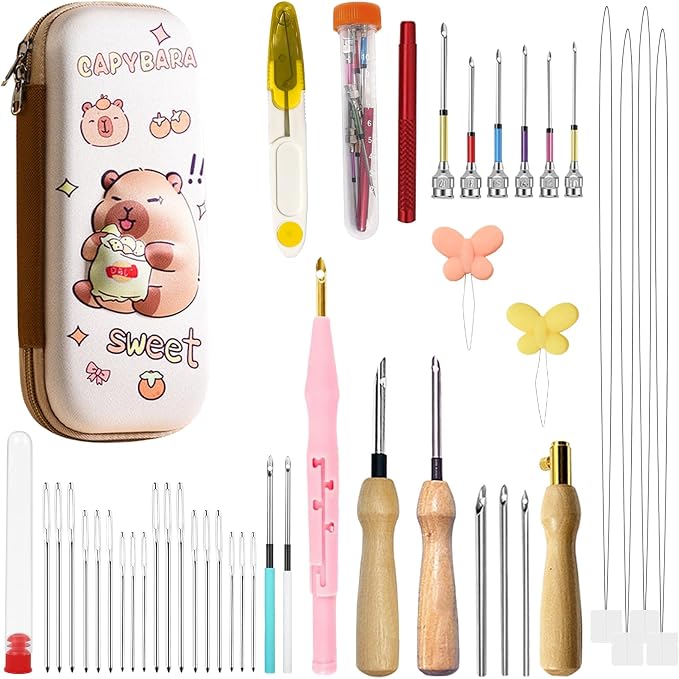 HYINUS 43Pcs Punch Needle Kit for Adult Beginners, Adjustable Punch Needle Tool with Different Size Needles & Capybara Storage Case, Wooden Handle Embroidery Pen Set for Gifts, Decor & DIY Craft