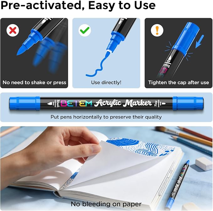 Betem 2 Blue Paint Markers for Glass, Dual Tip Acrylic Paint Pens | Window, Fabric, Wood, Rock, Canvas, Acrylic Markers with Fine & Brush Tip, Art & Craft Supplies, Wine Glass Markers
