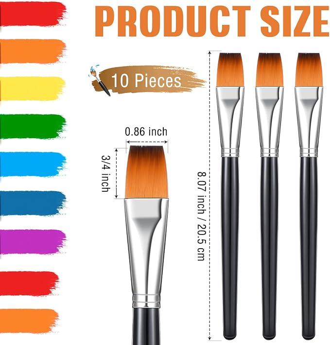 Zonon 10 Pcs 3/4 Inch Flat Paint Brushes Acrylic Painting Craft,Brown | Small Watercolor Detail Brushes for Canvas, Face Painting Craft Supplies, Works with Acrylic Oil, Bulk for Adult Artists