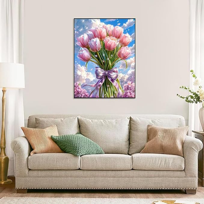 Accompany Wind Pink Tulips Diamond Art Kits for Adults, 5D Flowers Diamond Painting Kits for Beginners,DIY Round Full Drill Diamonds Gem Art Crafts for Home Wall Decor Gifts 12x16 Inch