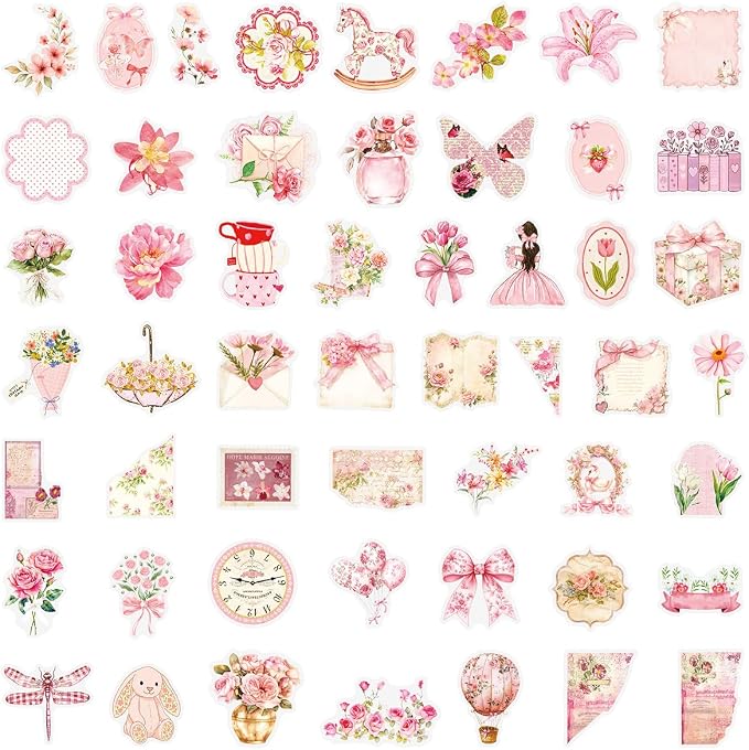 Transparent Pink Aesthetic Stickers,50PCS Girl's Love Waterproof PET Sticker for Scrapbook Journaling Photo Album Collage Card Girl's Romantic Stickers for Girl and Woman(Colourful-F14)