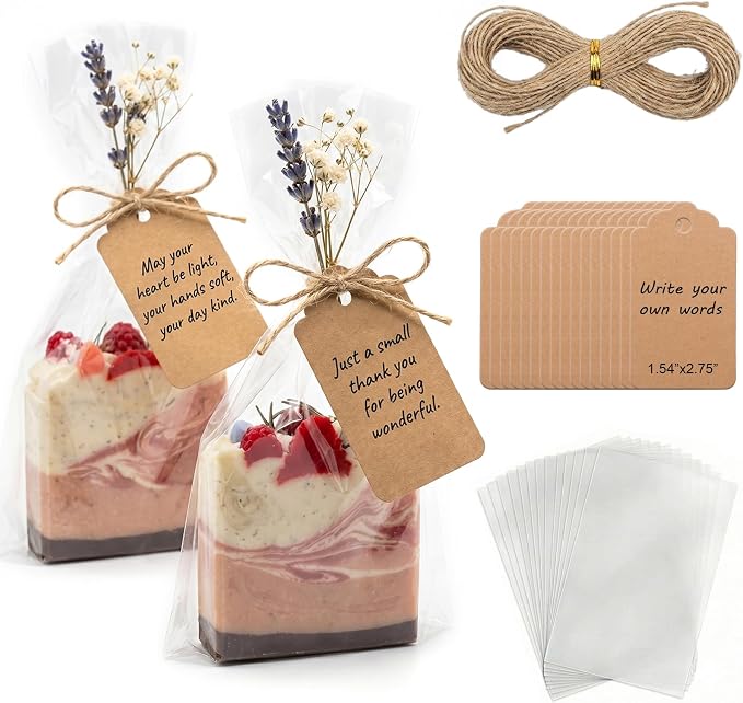 100 Pcs 4.7x7" Plastic Cellophane Bags & 65ft Jute Twine & 100 Pcs Writable Blank Kraft Paper Tags, Clear Goodie Treat Wrappers for Wrapping Homemade Soap Craft Gift Small Cookies Candy Snack Party Bakery Favors Wedding Christmas (Brown Tags)