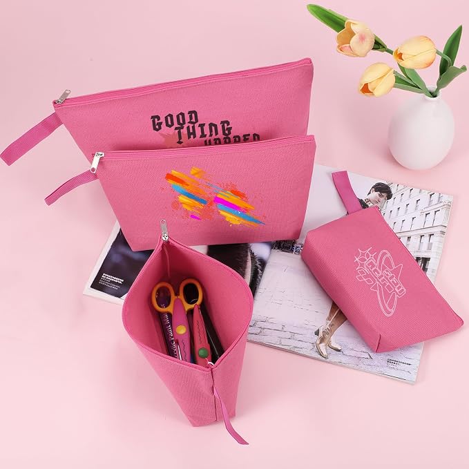 10 Pieces Cotton Canvas Makeup Bag with Bottom and Strap, Multi-Purpose Cosmetic Bag with Zipper Travel Toiletry Pouch, Blank DIY Craft Bag (Hot Pink, M)