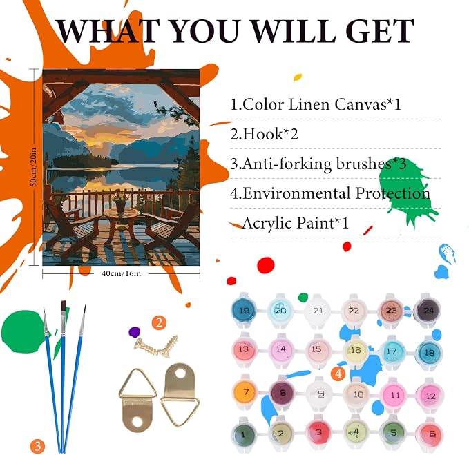 Fountor Sunset Paint by Numbers Kit for Adults Beginner 16x20 Inch | DIY Acrylic Painting by Numbers Mountain Lake Landscape, Without Frame Canvas, Stress Relief Craft Kits, For Home Decor Gift