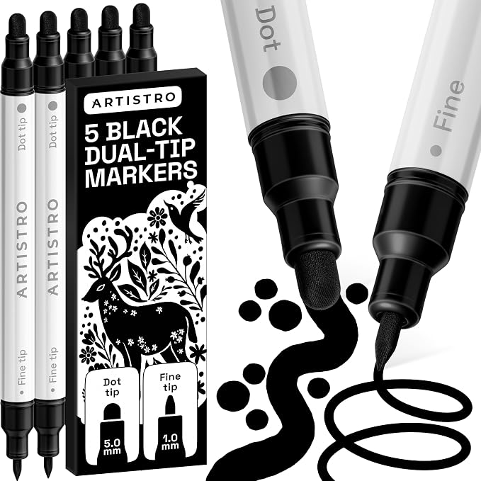 ARTISTRO Black Dual-Tip Acrylic Paint Marker Pens - Set of 5 | For Fabric, Rock, Glass, Wood, & Coloring Books, Arts & Crafts Gift, Classroom Must Haves & School Supplies (Dot & Fine Tips)