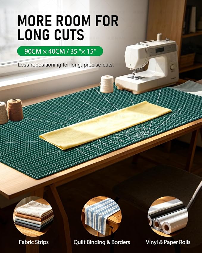 Self Healing Cutting Mat, 35" × 15", Double-Sided Rotary Cutting Mat for Sewing, Quilting, Scrapbooking & Craft, Large Craft Cutting Board for Hobby Use, Green