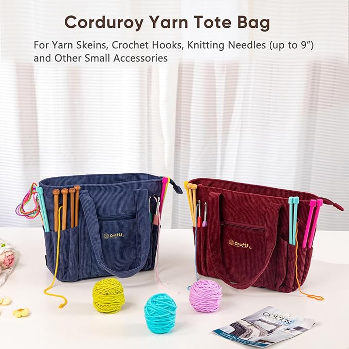MYBAGZING Crochet Bag and Tote - Corduroy Yarn Bag - Yarn Holder for Crocheting - Crochet Storage Bag for Crochet Hooks, Crochet Accessories, Knitting Bag for Crochet Lovers, Mother's Day Gift