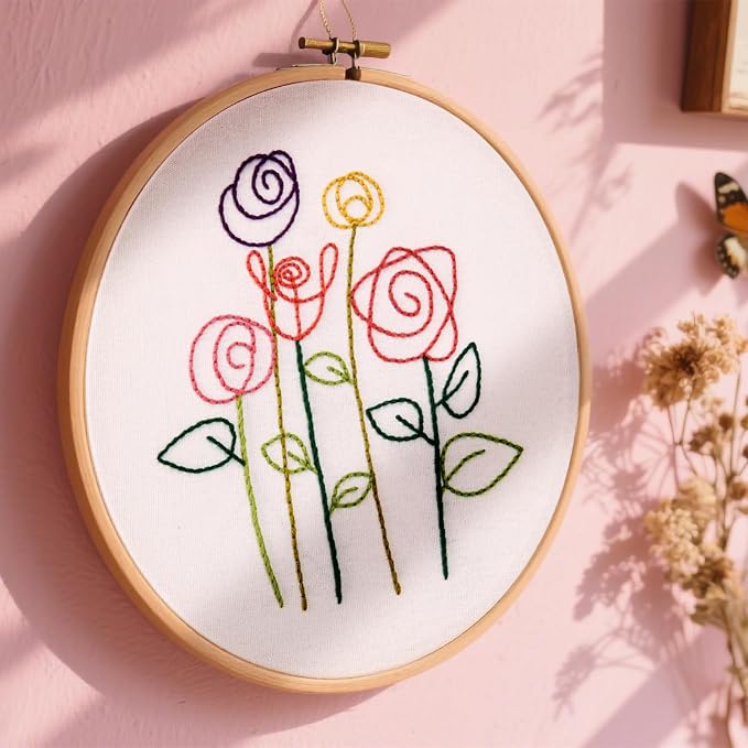 Easy Flower Embroidery Kits for Beginners Adults, Minimalism Embroidery Starter Kits, Counted Cross Stitch Kits for Beginners Adults Hobbies Set for Women, Embroidery Hoops, Thread and Video Tutorial