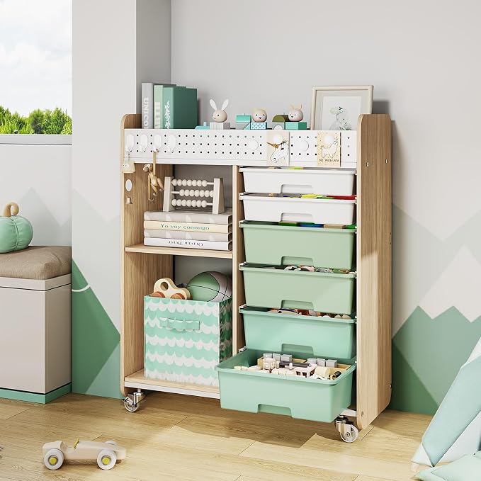 Rolling Craft Cart with 6 Drawers, Pegboard and Locking Wheels Green