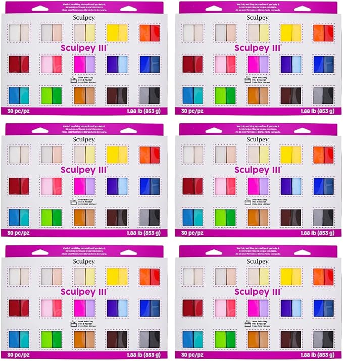 Sculpey III Oven-Bake Polymer Clay 30-Count Sampler Set, 30 Assorted Colors in 1 oz. Bars, Perfect for Jewelry, Home Decor, and General Crafting, Class Pack of 6 Sets, 180 Bars of Clay Total