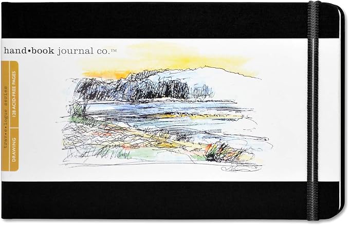 Handbook Journal Co. Sketch Book - Large Landscape 5.5 x 8.25 in Ivory Black European Linen-Bound Hard Cover, 128 Pages (64 Sheets) of 130 GSM Acid-Free Art Drawing Paper, Pocket and Elastic Closure