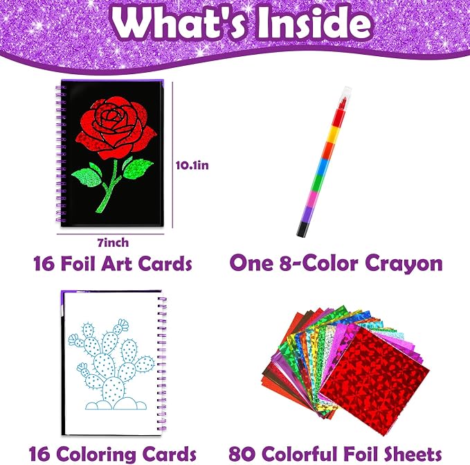 FUNNYB&G Foil Art Craft Kit for Kids, Sparkly Birthday Gift Toy for Girls | No Mess, Kids Ages 4-10 Create Sparkling Artwork, A Creative Gift for Birthdays, Holidays, Travel Activities,Screen-Free Fun