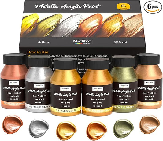 Nicpro 6 Colors Metallic Acrylic Paint Set, Gold Leaf Paint for Craft