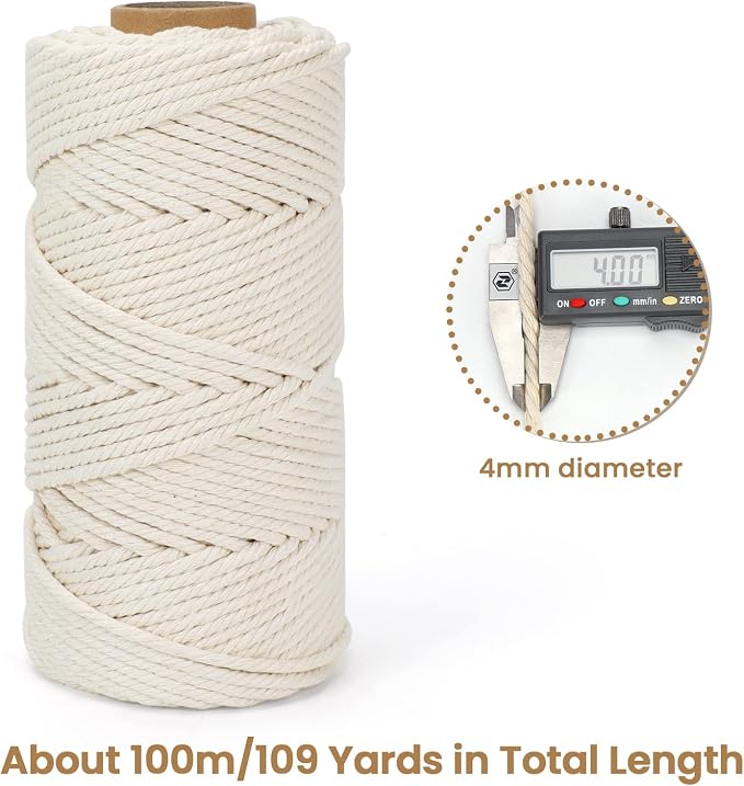 Macrame Cord 4mm x 109Yards (328Feet), Natural Cotton Macrame Rope - 4 Strands Twisted Macrame Cotton Cord for Wall Hanging, Plant Hangers, Crafts, Gift Wrapping and Wedding Decorations, Beige