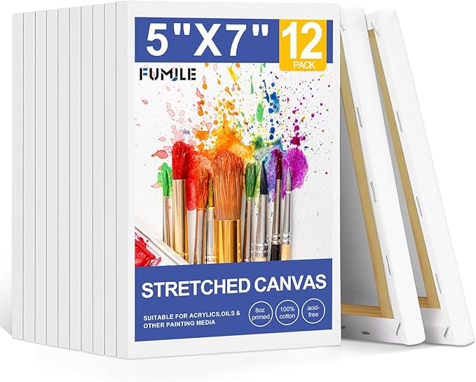 FUMILE 5x7 Canvas for Painting, 12 Pack Stretched Small Canvases for Painting-5/8 in Profile Primed White Blank Painting Canvas Value Pack for Oil & Acrylic Paint