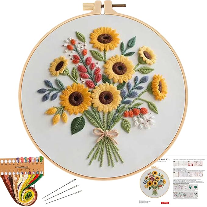 Herdiese Embroidery Kit for Beginners & Adults with Flower Pattern | Stamped Cross Stitch Kit Including Fabric, Hoop, Threads, Needles & Instructions, Complete DIY Hand Sewing Craft Set