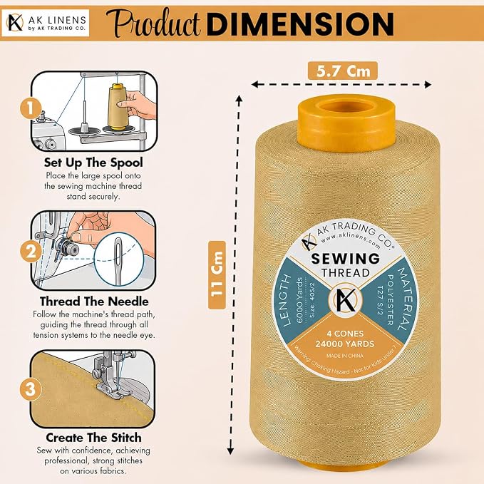 AK TRADING CO. 4-Pack Light Gold All Purpose Sewing Thread Cones (6000 Yards Each) of High Tensile Polyester Thread Spools for Sewing, Quilting, Serger Machines, Overlock, Merrow & Hand Embroidery