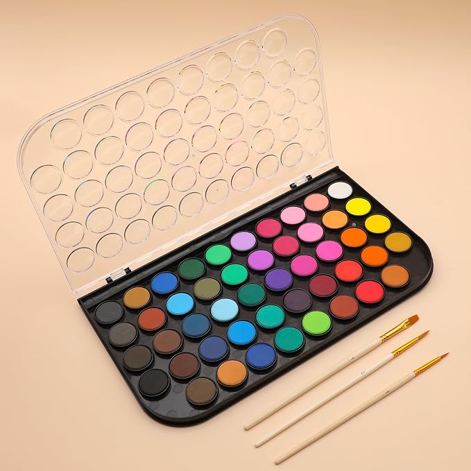 Artecho 48 Colors Watercolor Paint Set, 3 Brushes | Washable Pan Watercolor, Travel Portable Design, for Card Making, Illustrations, Painting