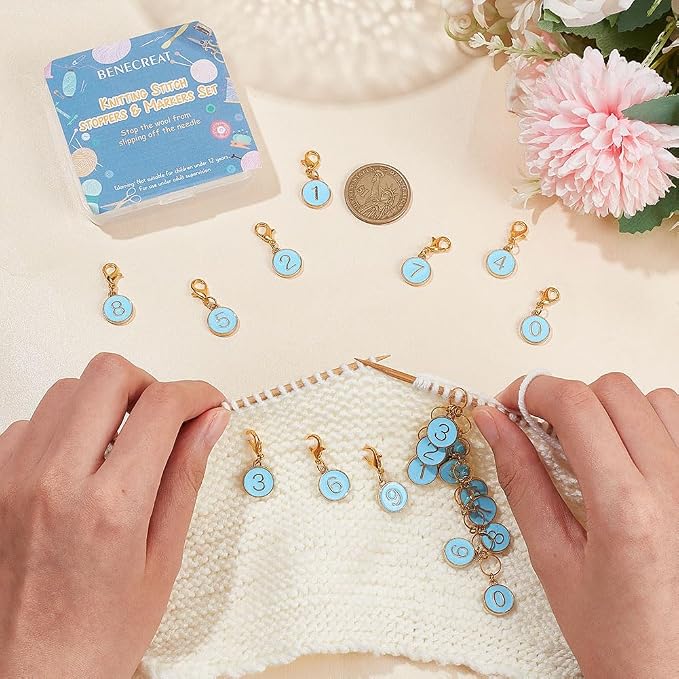BENECREAT 11Pcs Alloy Enamel Number 0~9 Knitting Row Counter Chains and Blue Enamel Charm Locking Stitch Markers with Lobster Claw Clasps for Knitting Weaving Sewing Accessories