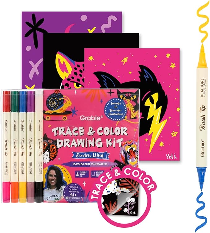 Grabie Trace & Color Drawing Kit, Pack of 5 Dual Tip Markers, Yeti Collab